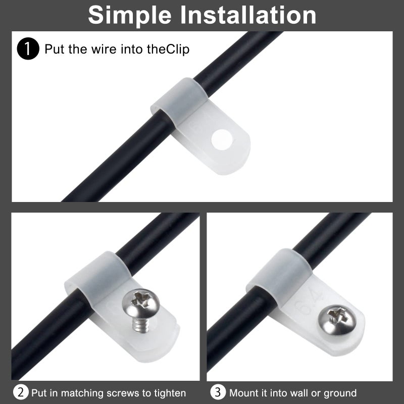 VIPMOON 100 Pcs 1/4 Inch R-Type Cable Clips Clamp Kit, Nylon Mounting Cord Fastener Clips with 100 Pack Screws for Indoor Outdoor Electrical Wire Management Organizer, White - Image 5